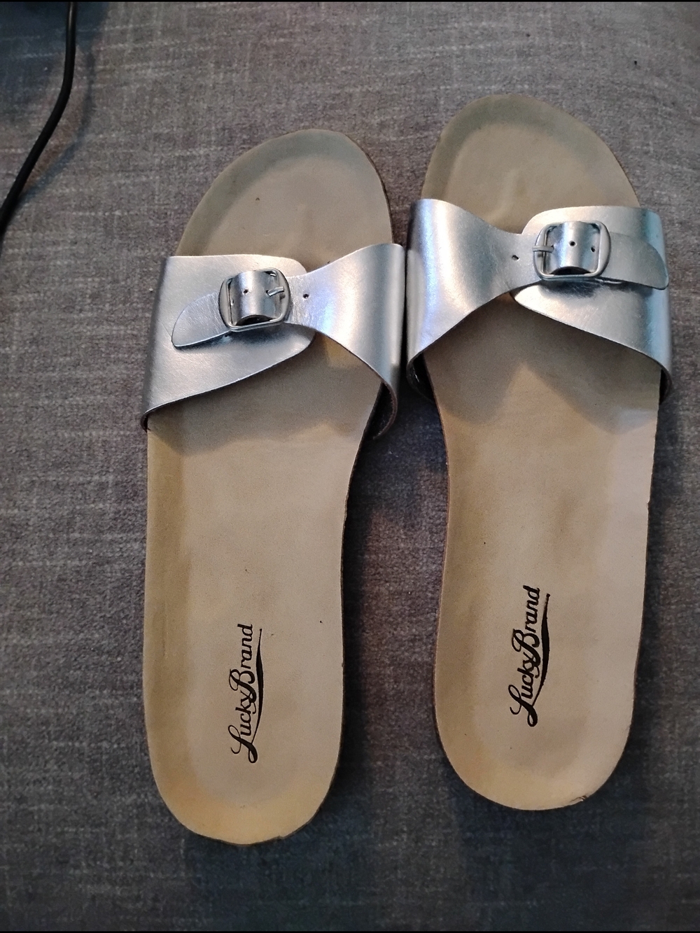 Lucky Brand Metallic Silver Single-Buckle Slide Sandals